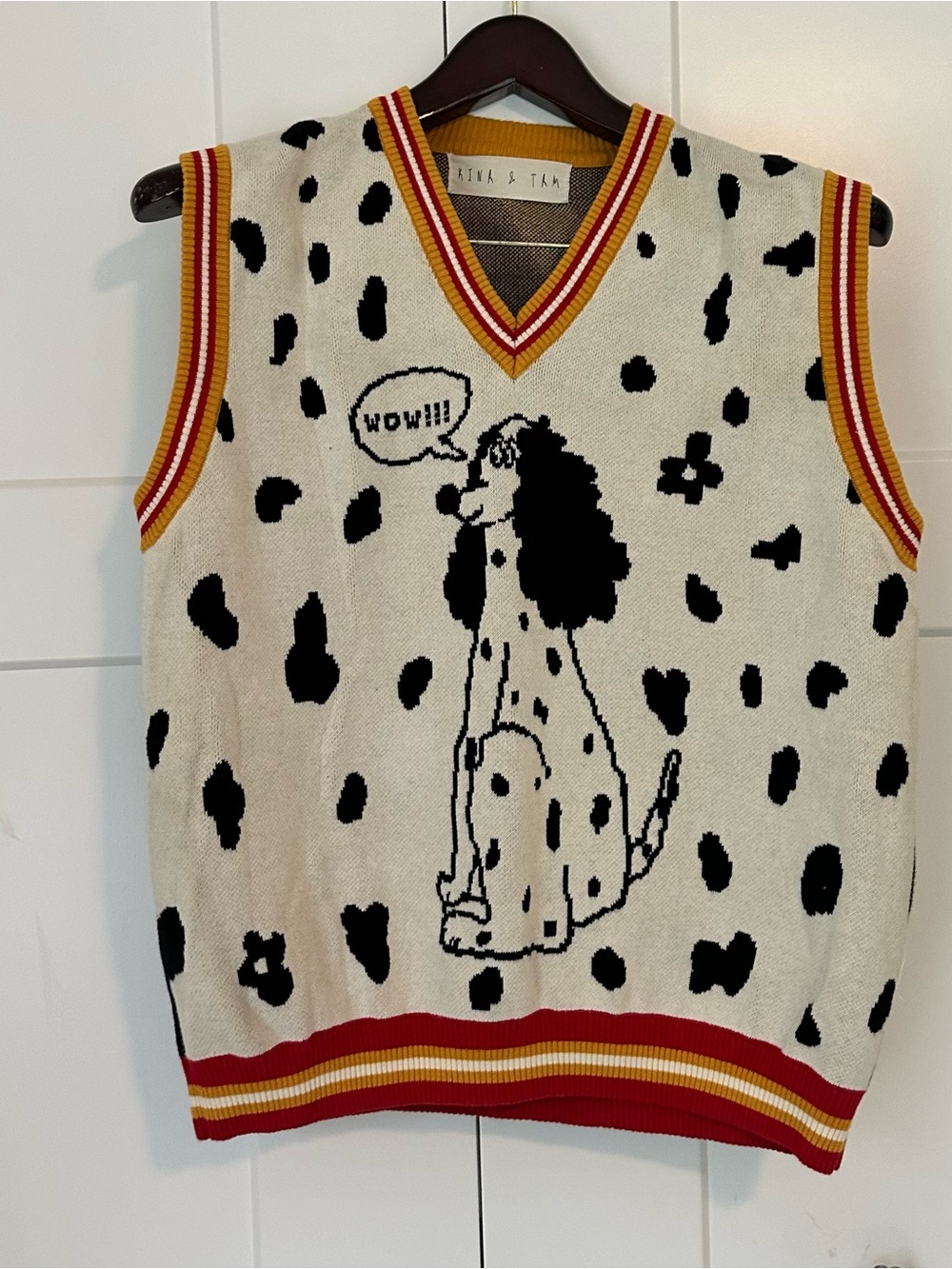 Kina and Tam Cream Dalmatian Knit Dog Vest with Black